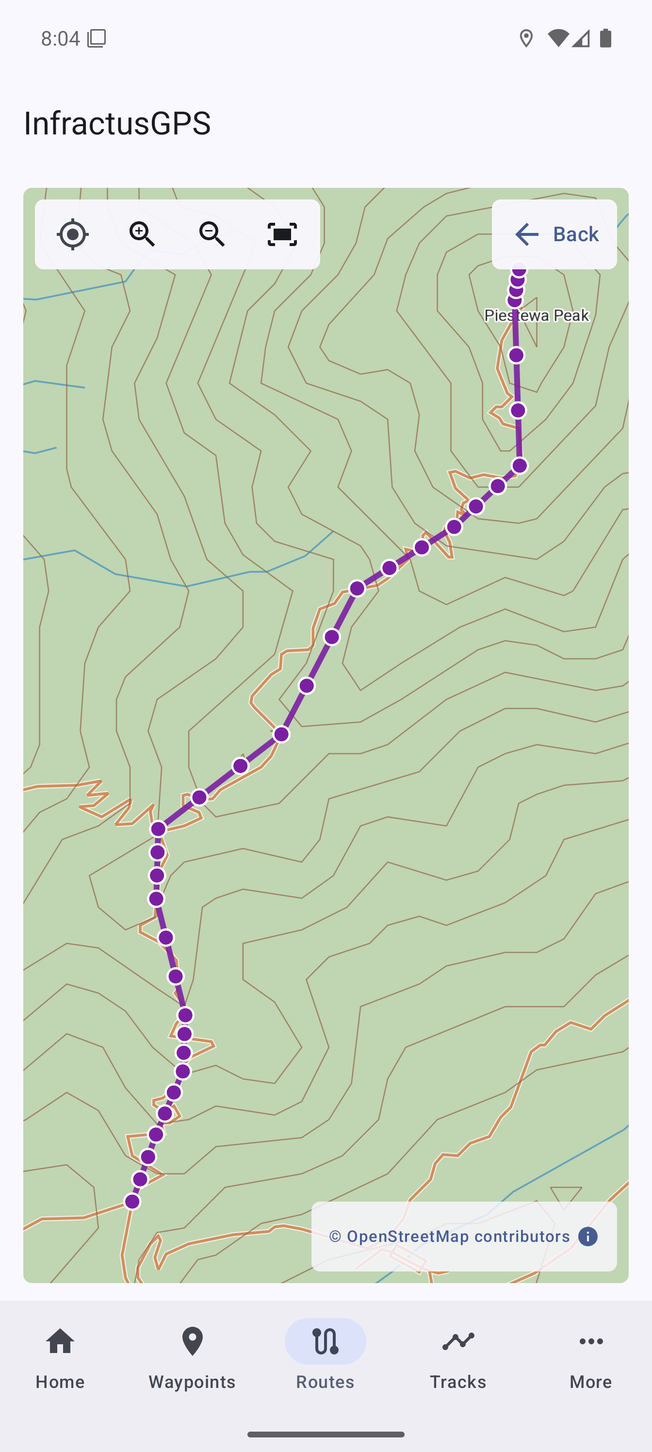 A saved route displayed on an offline map